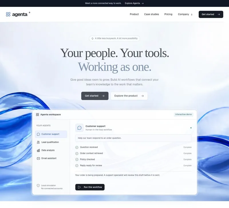 Actual Agenta homepage screenshot with the blue hero and workflow dashboard
