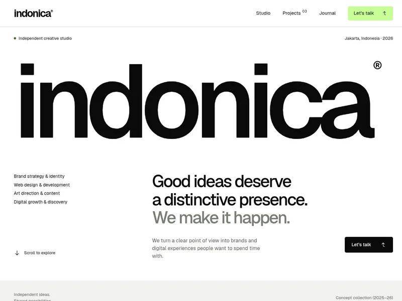 Actual Indonica website screenshot showing its wordmark, navigation and studio introduction