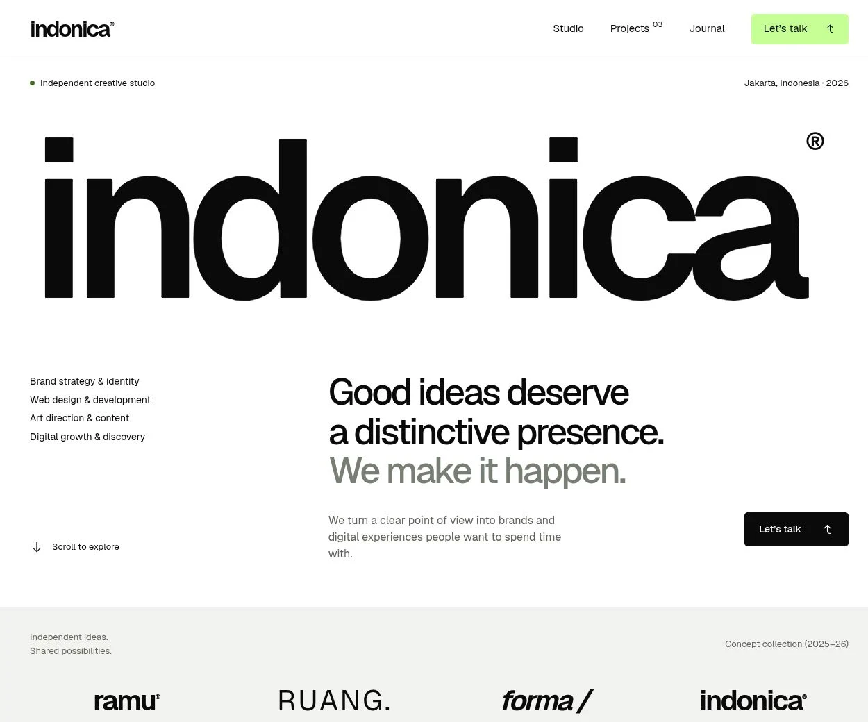 Actual desktop screenshot of the Indonica website, including its navigation, oversized wordmark and studio introduction